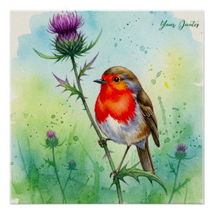 Poster Aquarelle botanique de Robin Bird et fleur de char