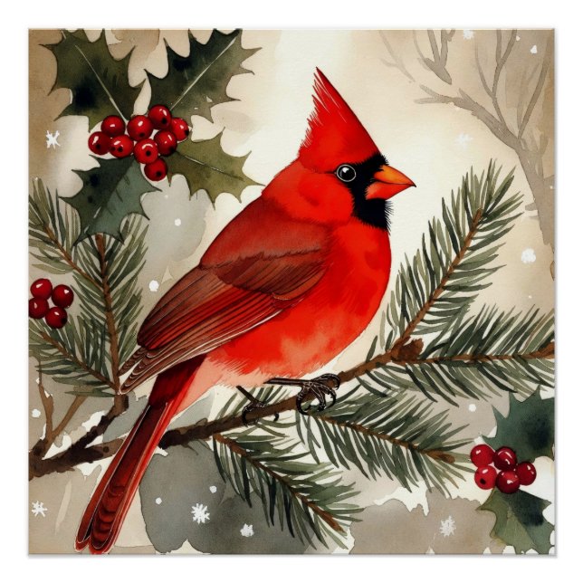 Poster Aquarelle Cardinal sur Branche de Pin enneigée Noë (Devant)