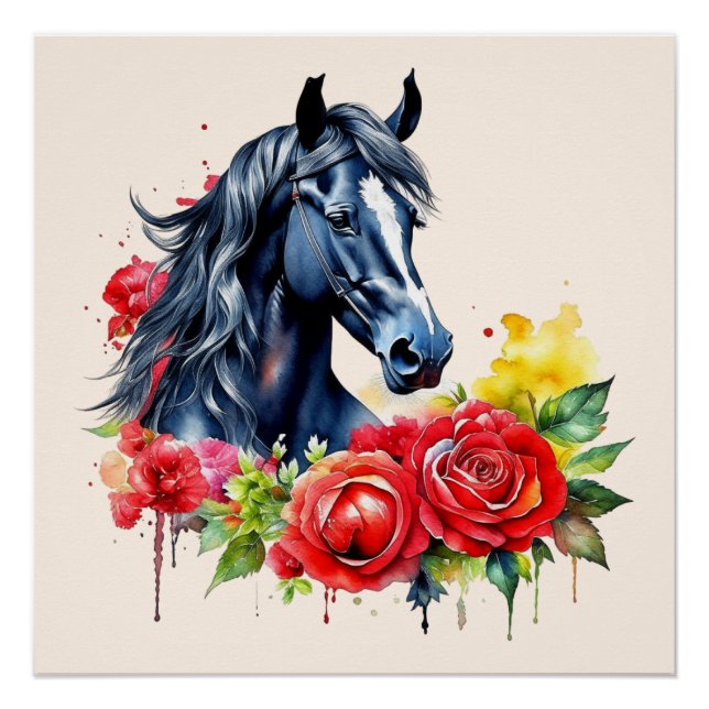Poster Aquarelle Cheval noir Roses rouges (Devant)