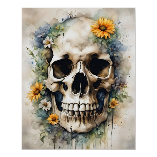 Poster Aquarelle crâne avec Fleurs sauvages (Devant)