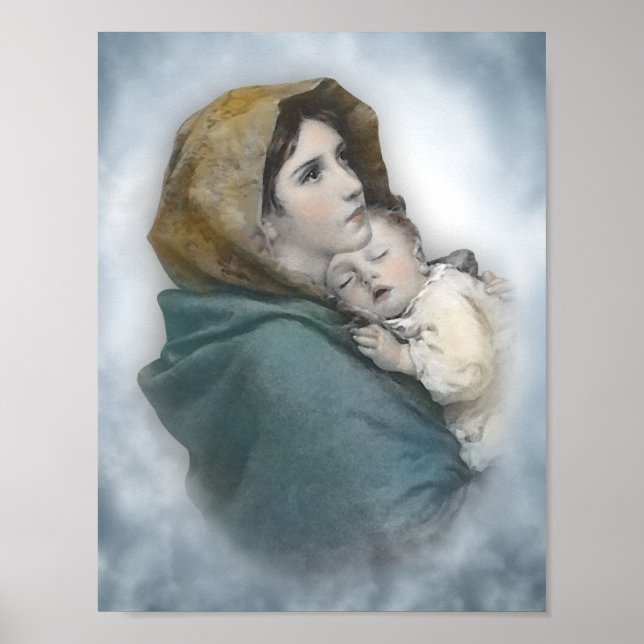 Poster Aquarelle de la Mère et du Bébé Jésus (Devant)