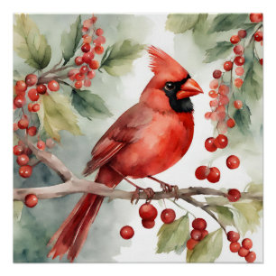 Poster Aquarelle de Noël Cardinal rouge et baies