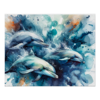 Poster Aquarelle Dolphin Burst et numérique