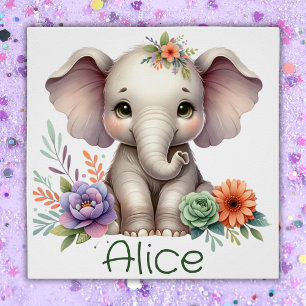 Poster Aquarelle Eléphante Cute Avec Nom Monogramme