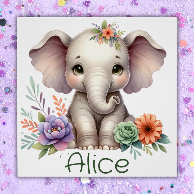 Poster Aquarelle Eléphante Cute Avec Nom Monogramme | (Créateur téléchargé)
