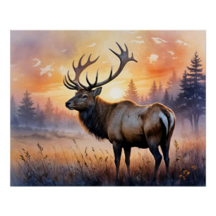 Poster Aquarelle Elk au lever du soleil