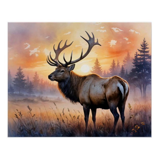 Poster Aquarelle Elk au lever du soleil (Devant)