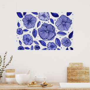 Poster Aquarelle et fleurs d'encre - palette bleue