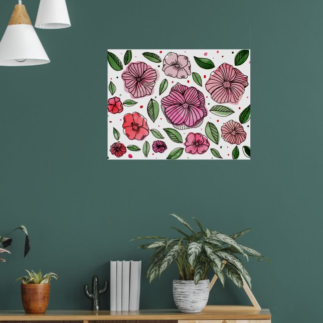 Poster Aquarelle et fleurs d'encre - rose et vert (Salon 1)