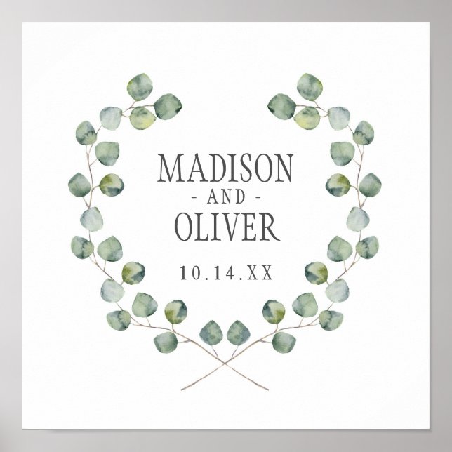 Poster Aquarelle Eucalyptus cadre feuille | MARIAGE (Devant)