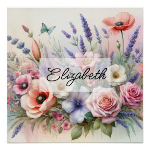 Poster Aquarelle fleurie estivale rose lavande pavot