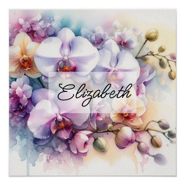 Poster Aquarelle fleurie et nom de l'orchidée tropicale (Devant)