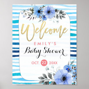 Poster Aquarelle Floral Bleu Stripes Baby shower Bienvenu