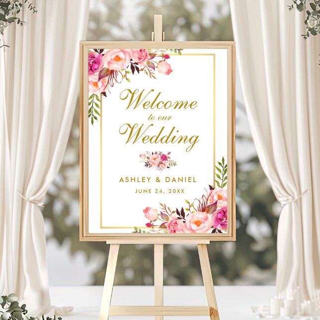 Poster Aquarelle Floral Rose Blush Gold Mariage Bienvenue (Customize to change text color, text size, text style or size of poster.)