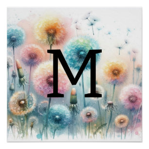 Poster Aquarelle florale monogramme bleu rose