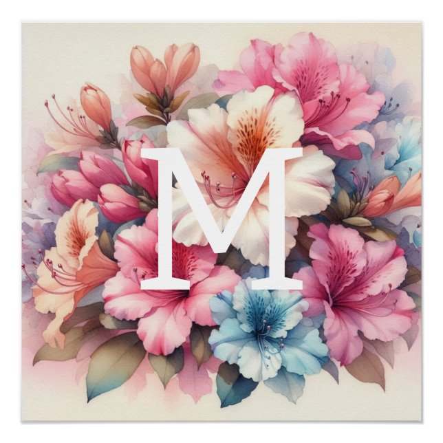 Poster Aquarelle florale monogramme rose azalée bleue (Devant)