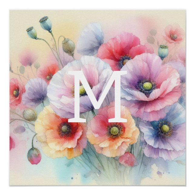 Poster Aquarelle florale monogramme rose fleurs de pavot  (Devant)