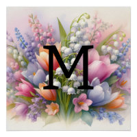 Aquarelle florale monogramme rose pourpre tulipes