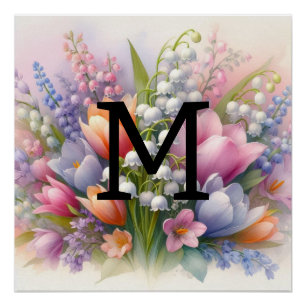 Poster Aquarelle florale monogramme rose pourpre tulipes
