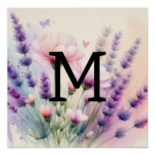 Poster Aquarelle florale monogramme rose violet lavande