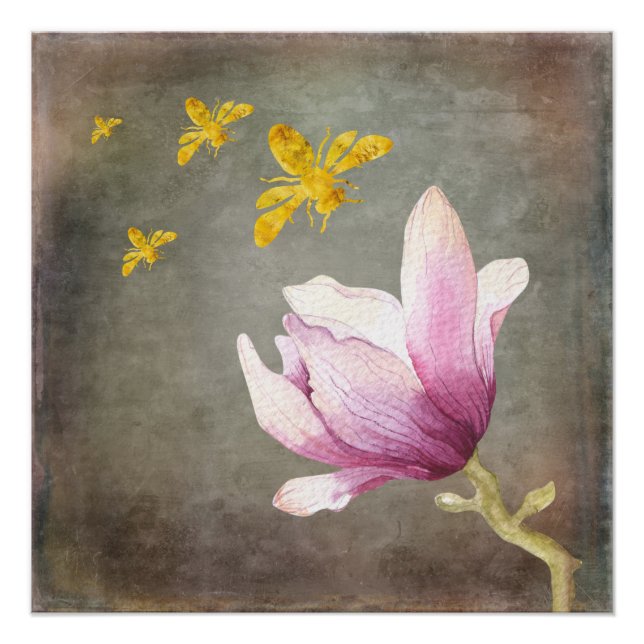 Poster Aquarelle Flower & Gold Bees (Devant)