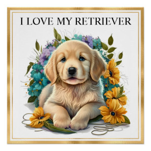 Poster Aquarelle Golden Retriever Puppy avec Gold Frame
