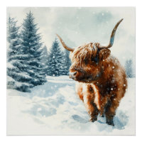 Aquarelle Highland Cow Winter Scene
