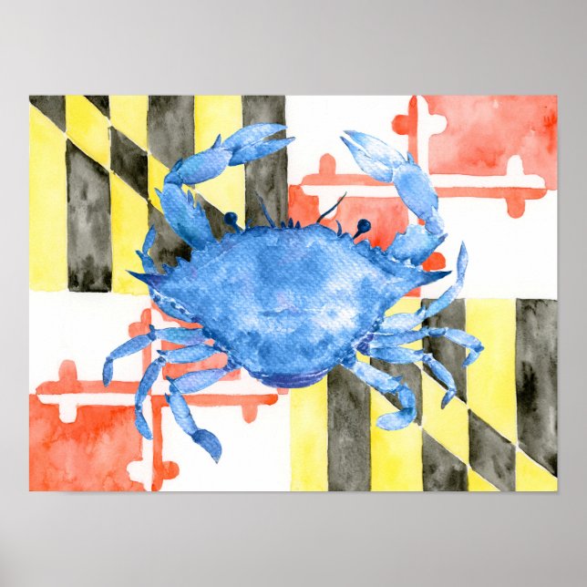 Poster Aquarelle Maryland drapeau et crabe bleu (Devant)