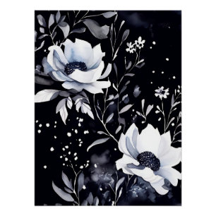 Poster Aquarelle Midnight Floral Symphonie en noir