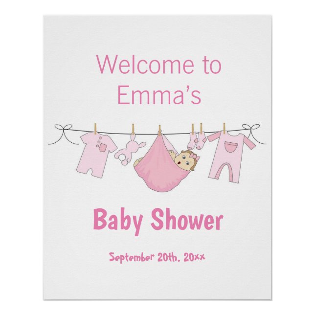 Poster Aquarelle mignonne rose fille Baby shower Bienvenu (Devant)