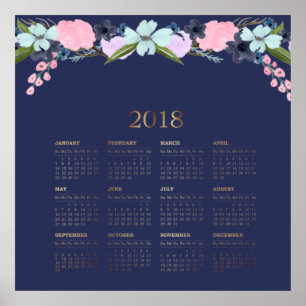 Poster Aquarelle moderne Floral 2018 Calendrier