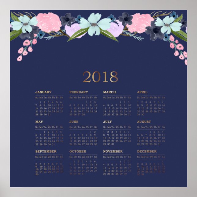 Poster Aquarelle moderne Floral 2018 Calendrier (Devant)