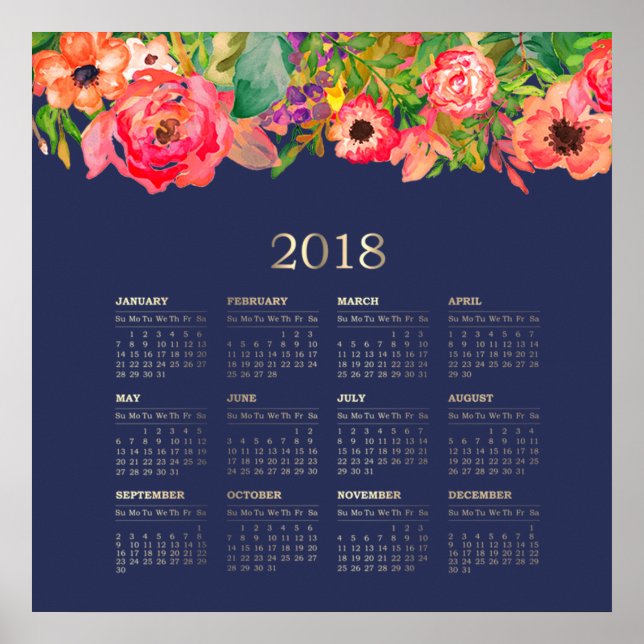 Poster Aquarelle moderne Floral 2018 Calendrier (Devant)