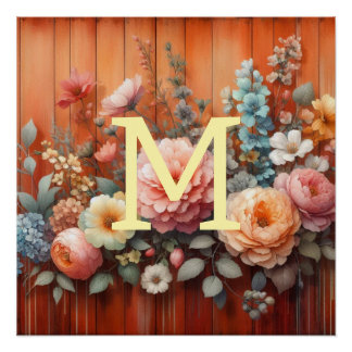 Poster Aquarelle monogramme fleurs terracotta couleur boi
