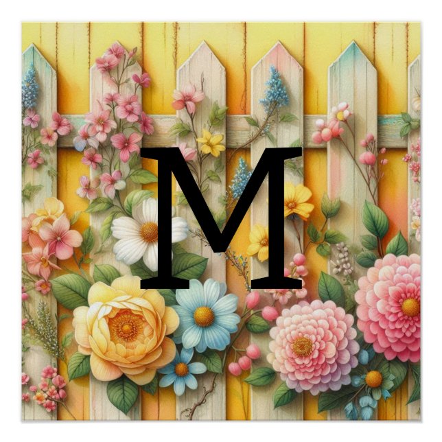 Poster Aquarelle monogramme pastel fleurs sur bois jaune (Devant)