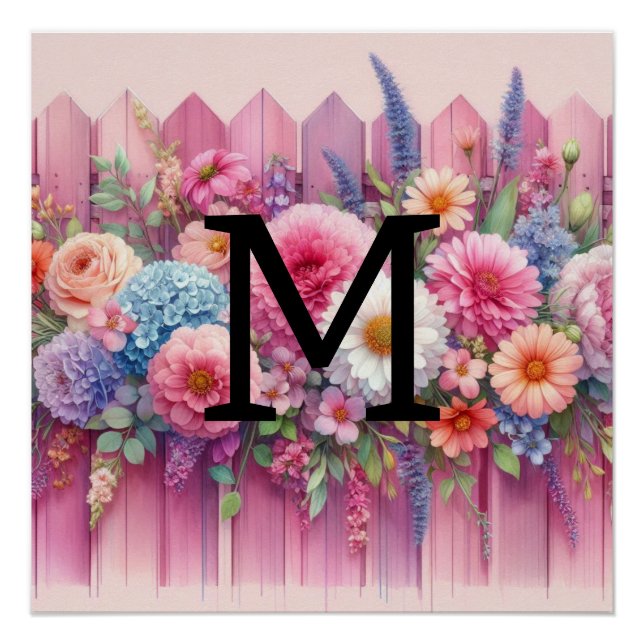 Poster Aquarelle monogramme pastel fleurs sur bois rose (Devant)