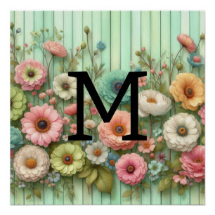Poster Aquarelle monogramme pastel fleurs sur bois vert