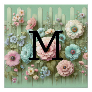 Poster Aquarelle monogramme pastel fleurs sur bois vert