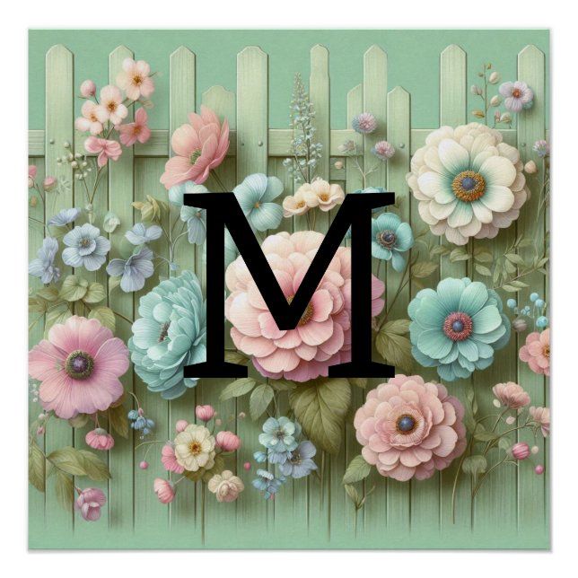 Poster Aquarelle monogramme pastel fleurs sur bois vert (Devant)