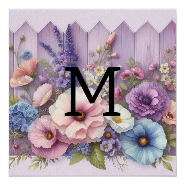 Poster Aquarelle monogramme pastel fleurs sur bois violet (Devant)
