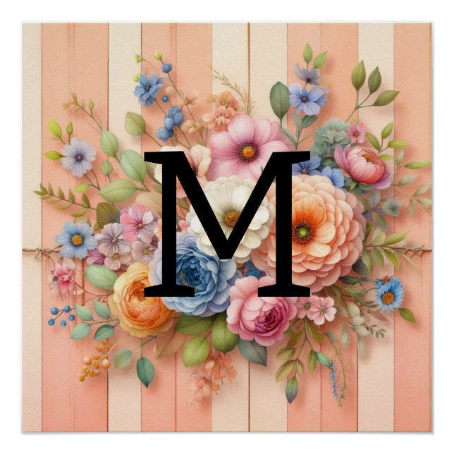 Poster Aquarelle monogramme pastel fleurs sur le bois ora (Devant)