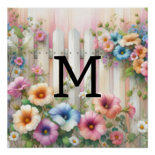 Poster Aquarelle monogramme pastille fleurs sur bois blan