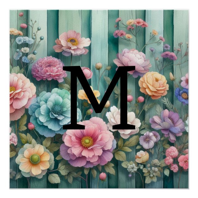 Poster Aquarelle monogramme pastille fleurs sur bois turq (Devant)