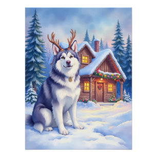 Poster Aquarelle Noël Renne Malamute d'Alaska