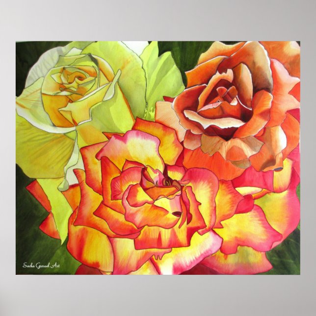 Poster Aquarelle orange et rose jaune art original (Devant)