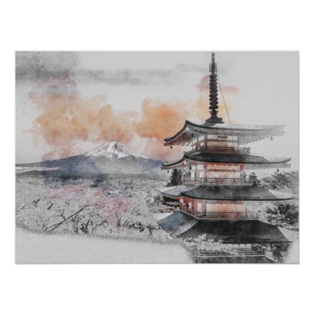 Poster Aquarelle Pagode japonaise & Mont Fuji (Devant)