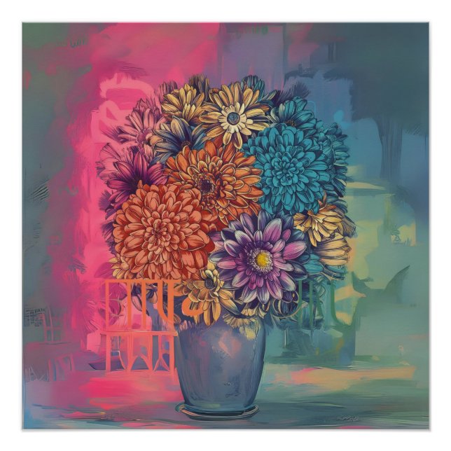 Poster aquarelle peinture de fleurs sur un vase brillant (Devant)