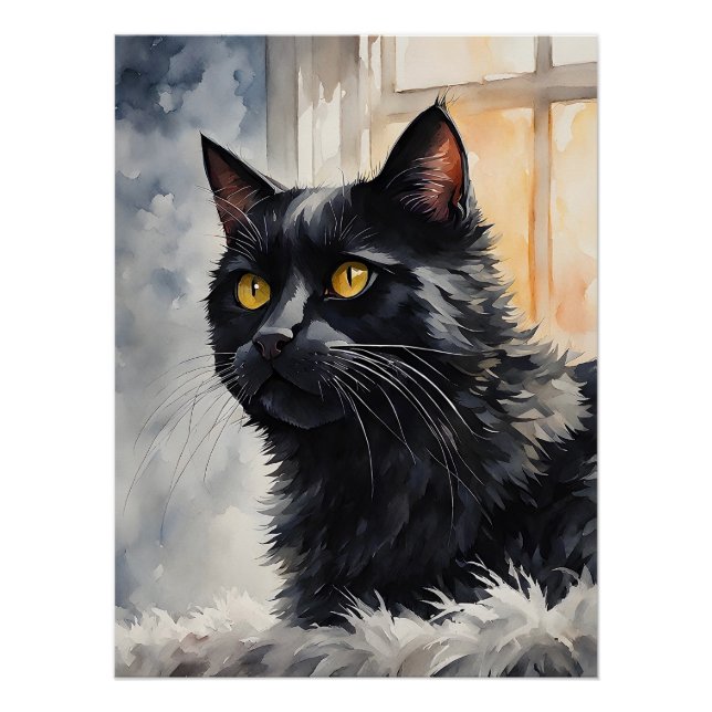 Poster Aquarelle Portrait de chat noir Pose Windows (Devant)