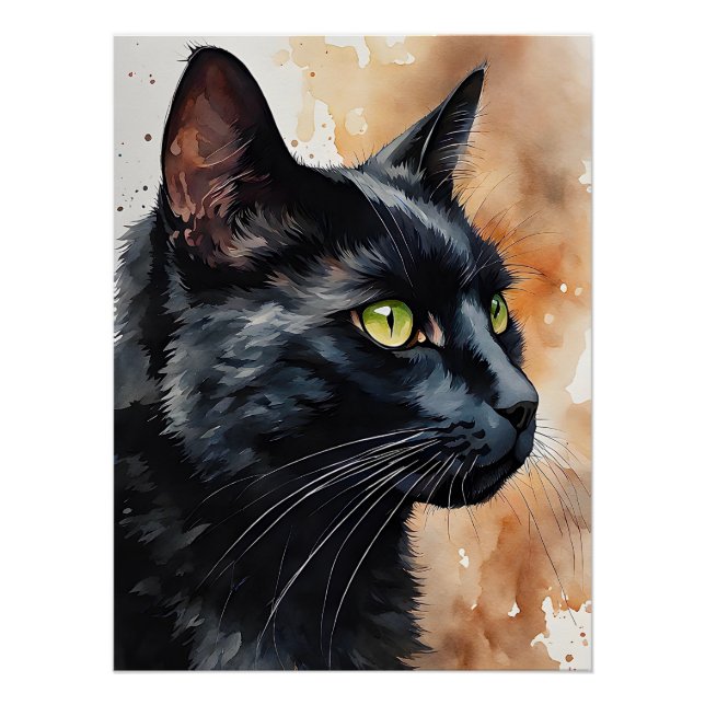 Poster Aquarelle Portrait de chat noir vert yeux poitrine (Devant)