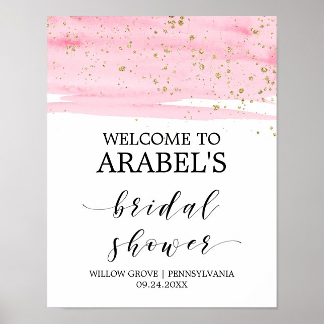 Poster Aquarelle rose Blush & Gold Fête des mariées Bienv (Devant)